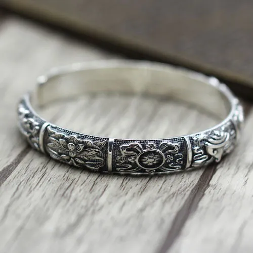 Real Solid 925 Sterling Silver Cuff Bracelet Bangle Auspicious Eight Treasures Luck Jewelry