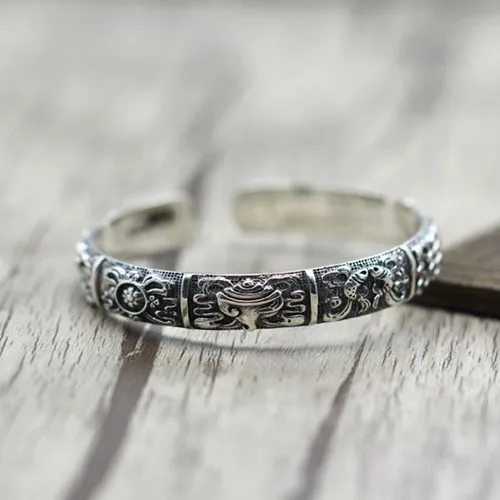 Real Solid 925 Sterling Silver Cuff Bracelet Bangle Auspicious Eight Treasures Luck Jewelry