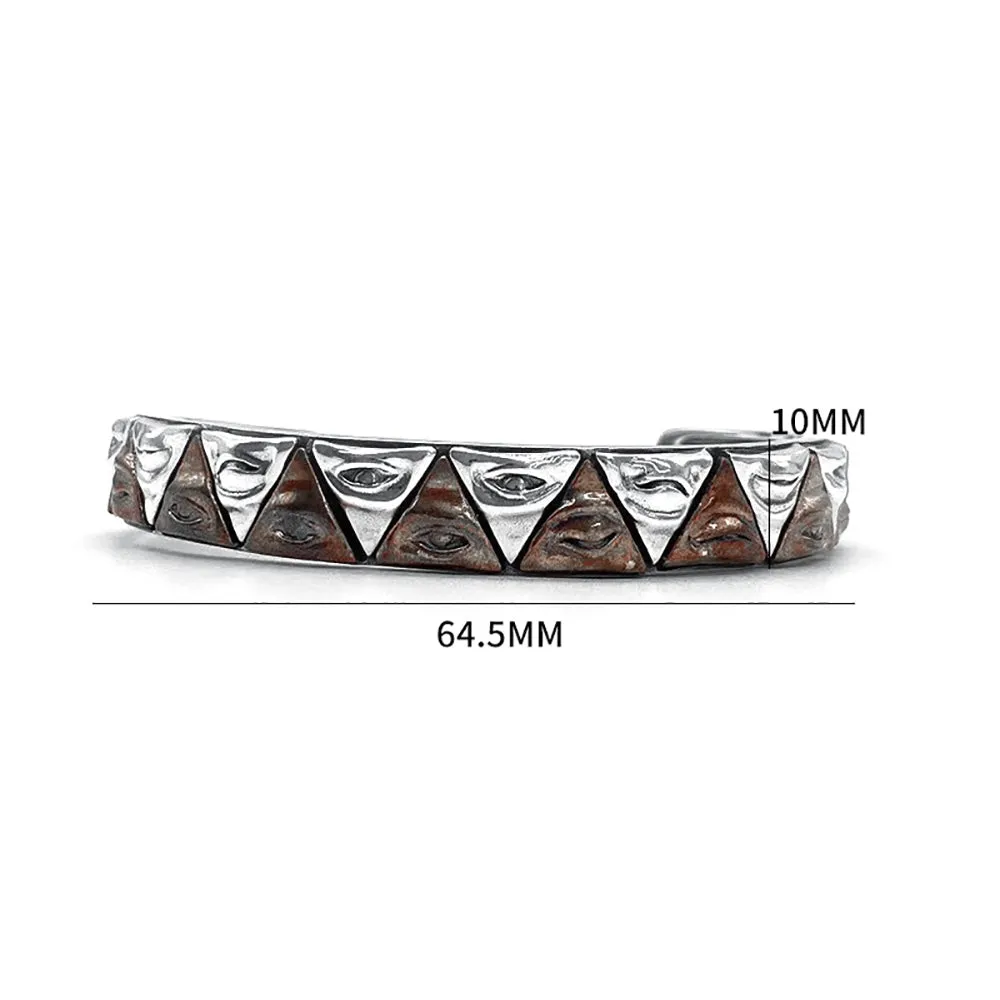 Real Solid 925 Sterling Silver Cuff Bracelet Triangle Evil Eye Punk Jewelry Open Bangle