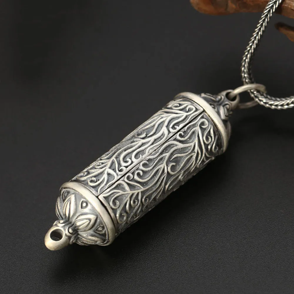 Real Solid 925 Sterling Silver Garnet Pendants Can Open Religions Barrel Box Grass Vine Men Fashion Jewelry