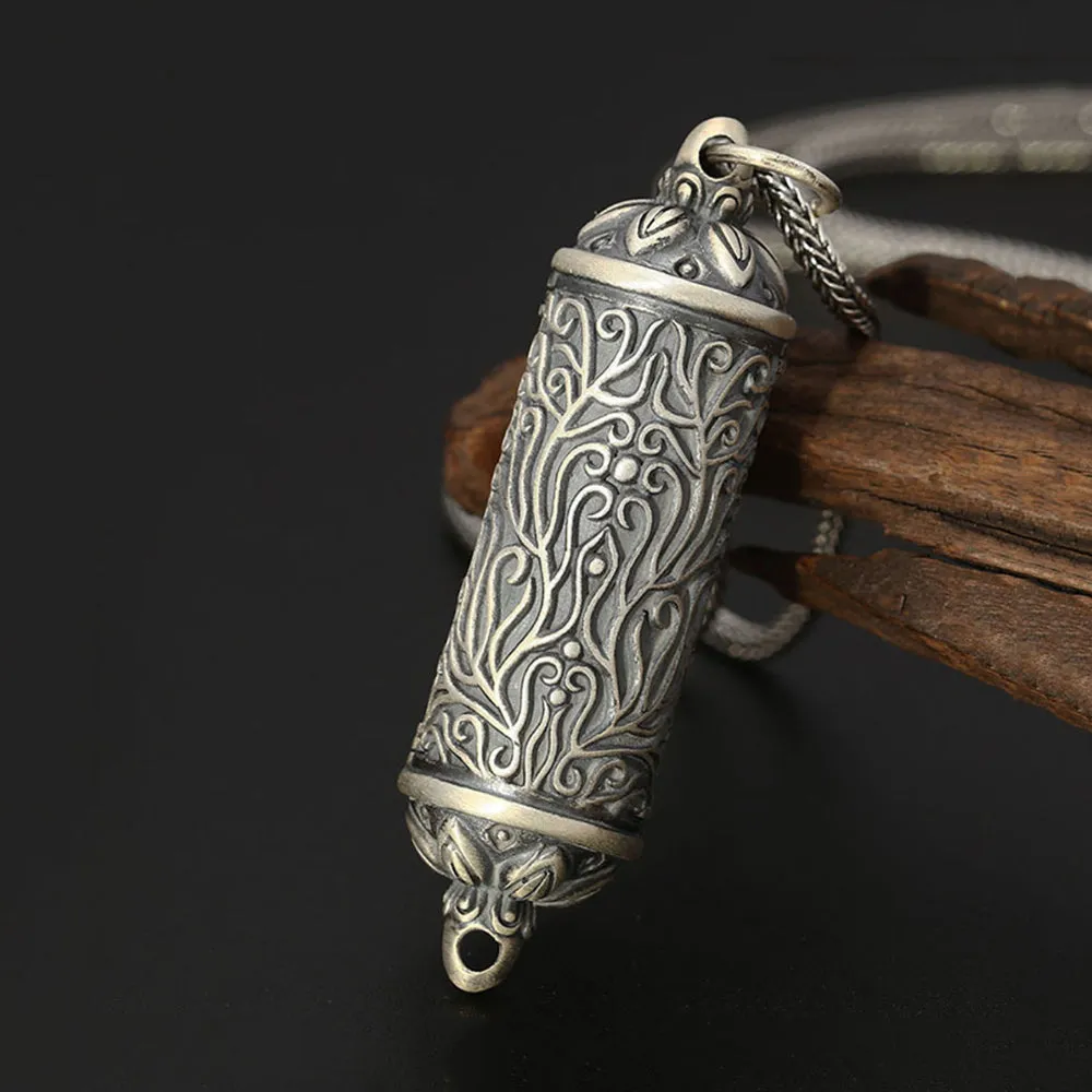 Real Solid 925 Sterling Silver Garnet Pendants Can Open Religions Barrel Box Grass Vine Men Fashion Jewelry