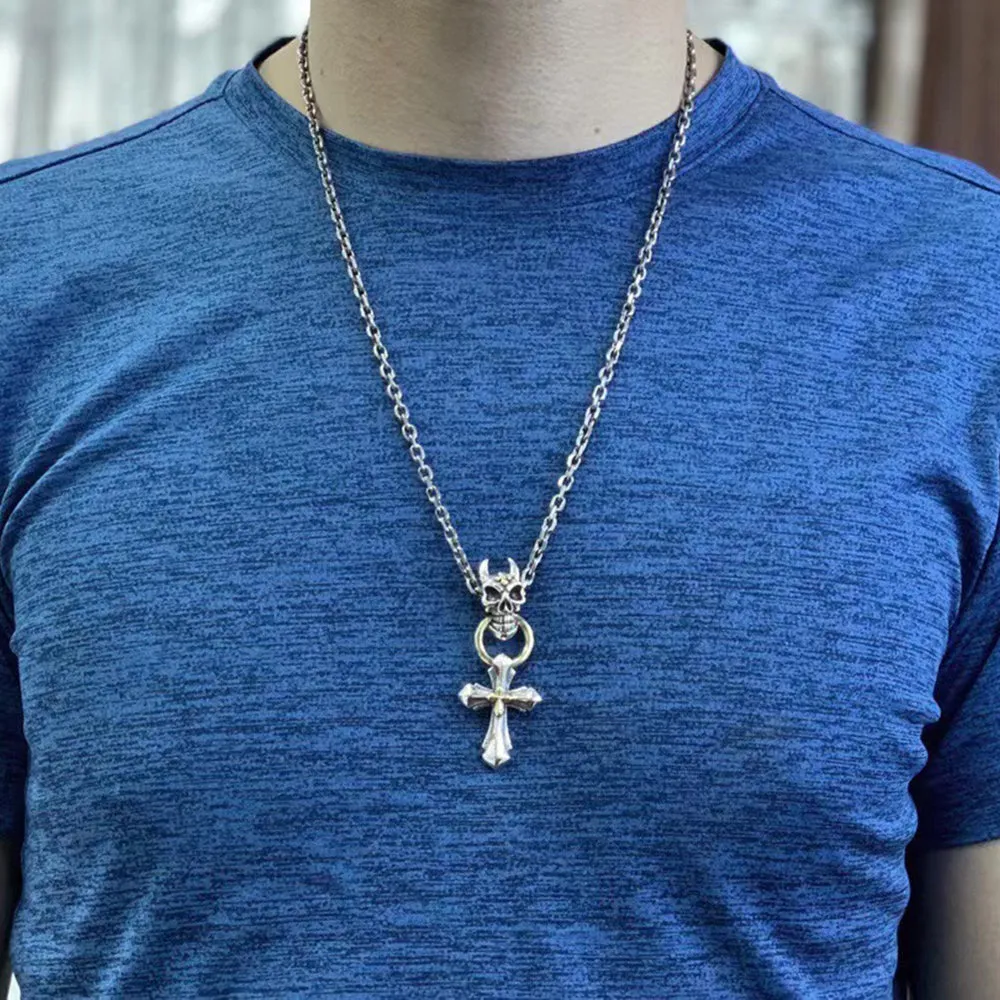 Real Solid 925 Sterling Silver Necklace Pendant Jewelry Skull King Cross HipHop Rock 24"