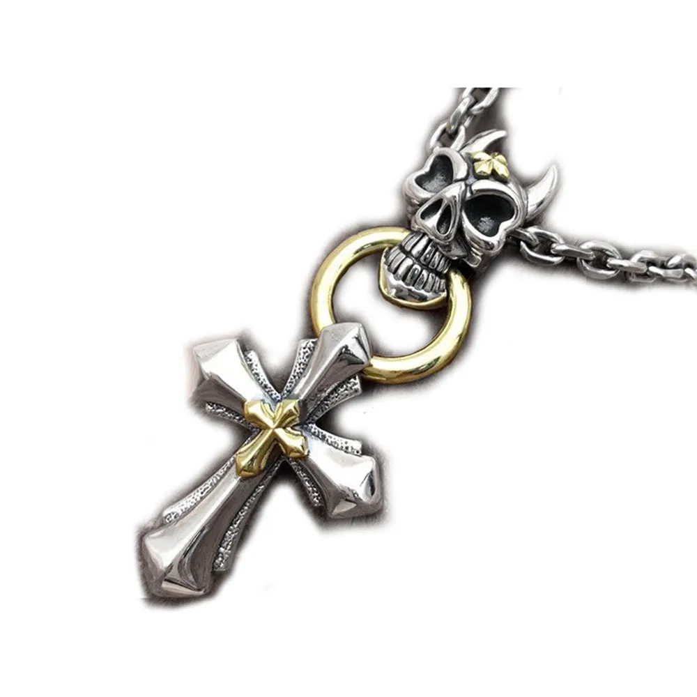 Real Solid 925 Sterling Silver Necklace Pendant Jewelry Skull King Cross HipHop Rock 24"