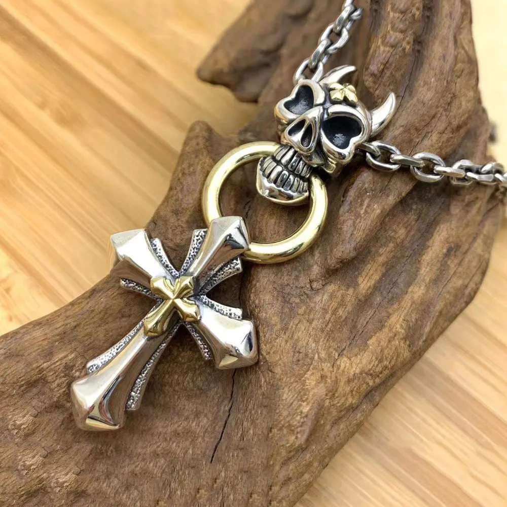 Real Solid 925 Sterling Silver Necklace Pendant Jewelry Skull King Cross HipHop Rock 24"
