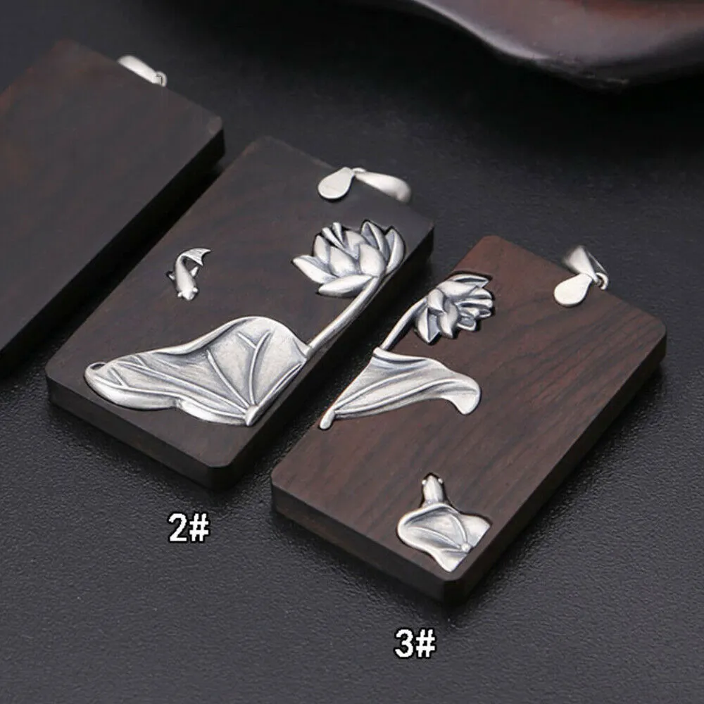 Real Solid 925 Sterling Silver Pendants Ebony Lotus Flower Fish Animal Fashion Jewelry