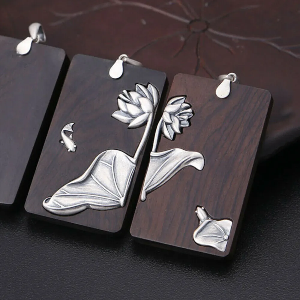 Real Solid 925 Sterling Silver Pendants Ebony Lotus Flower Fish Animal Fashion Jewelry