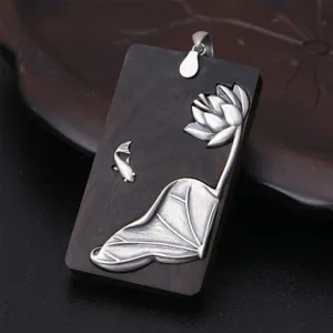 Real Solid 925 Sterling Silver Pendants Ebony Lotus Flower Fish Animal Fashion Jewelry