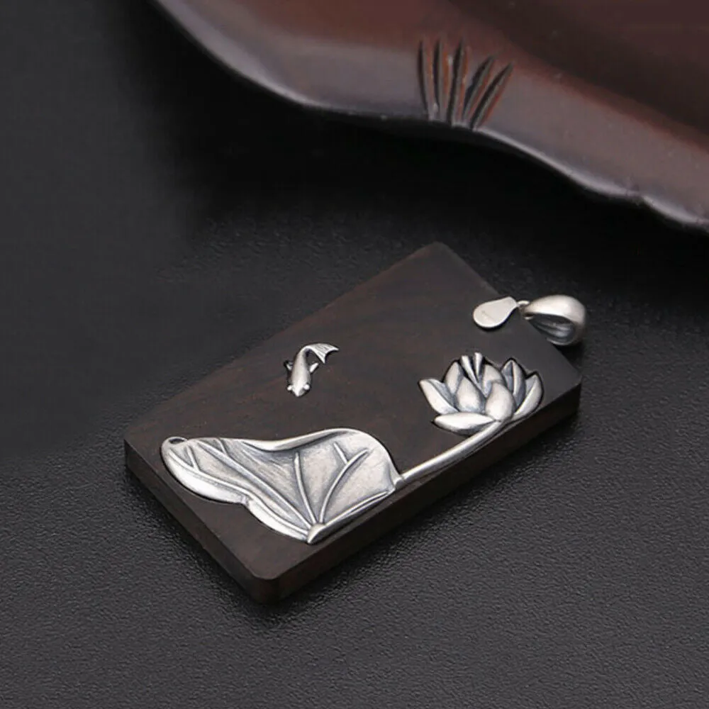 Real Solid 925 Sterling Silver Pendants Ebony Lotus Flower Fish Animal Fashion Jewelry