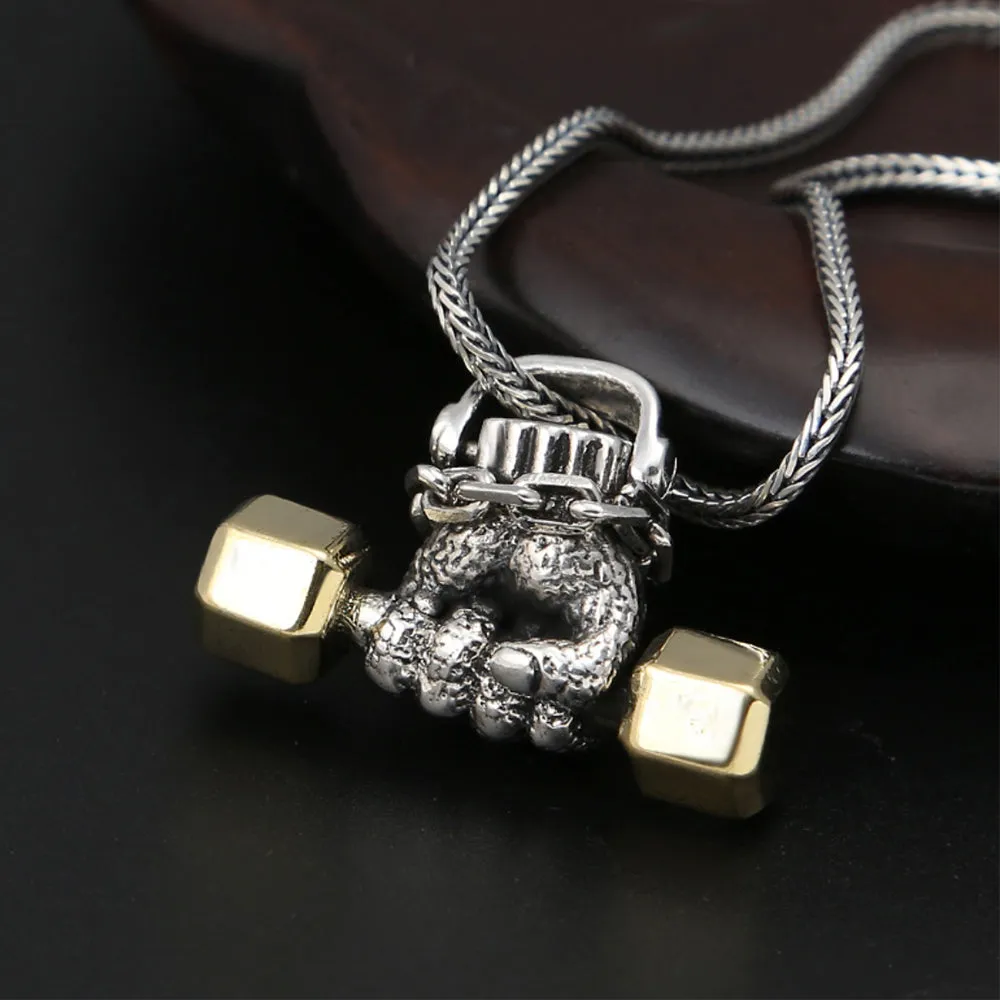 Real Solid 925 Sterling Silver Pendants Fist Dumbbell Sports Hand Fashion Jewelry