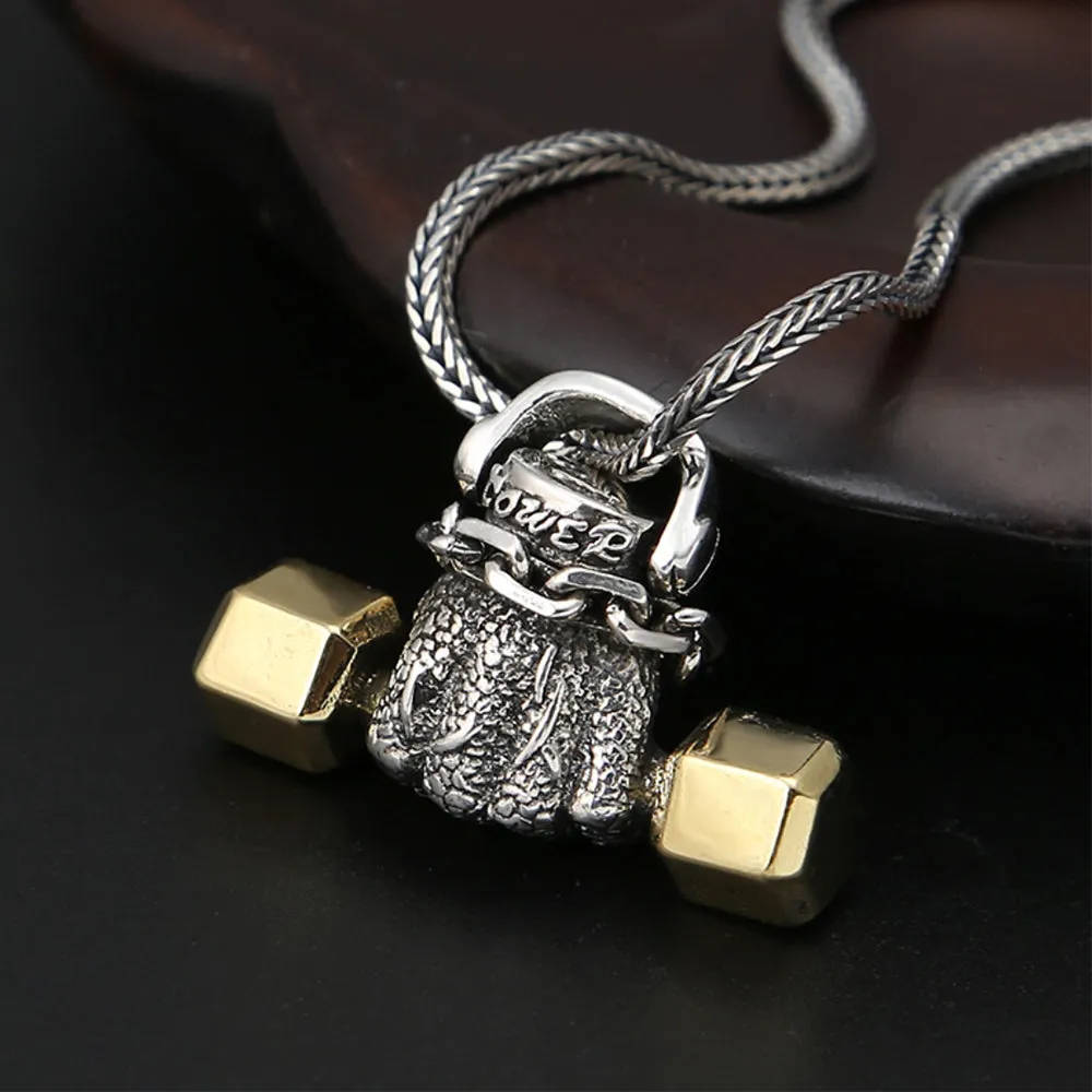 Real Solid 925 Sterling Silver Pendants Fist Dumbbell Sports Hand Fashion Jewelry