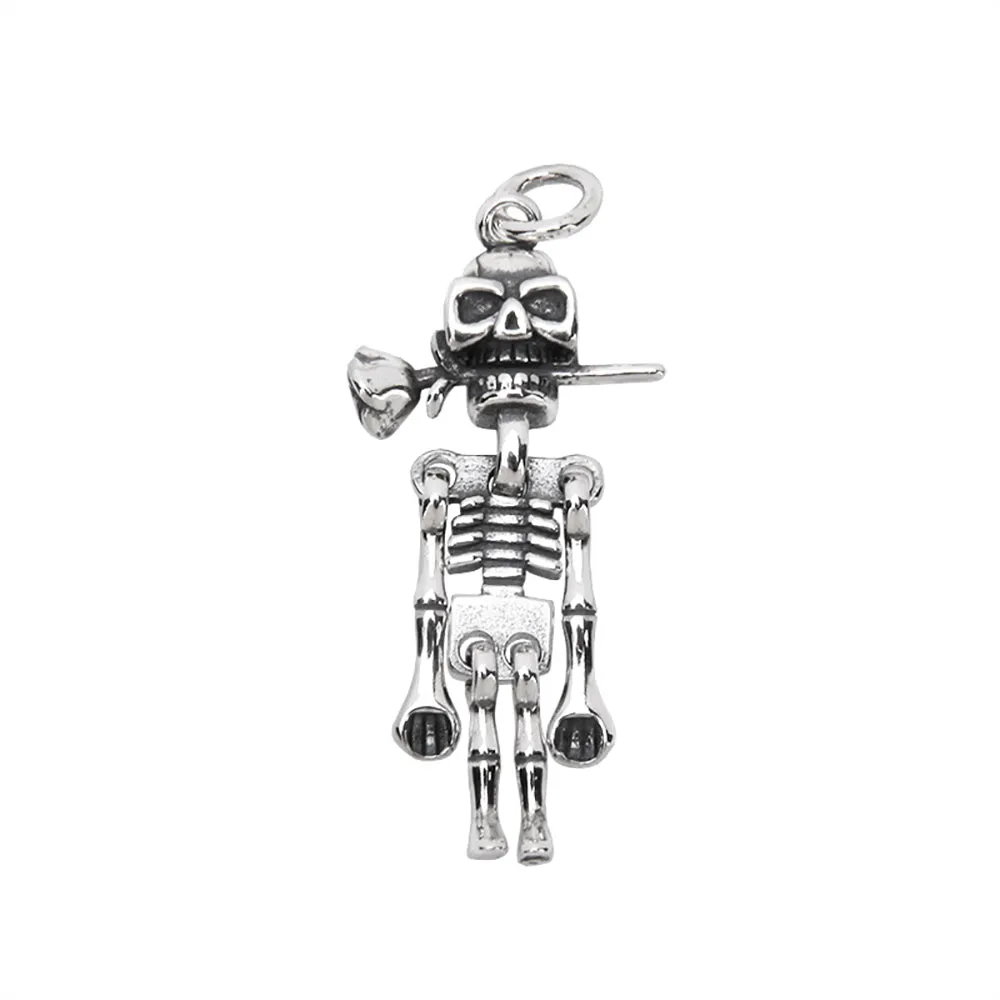 Real Solid 925 Sterling Silver Pendants Skeleton Rose Flower Gothic Punk Jewelry