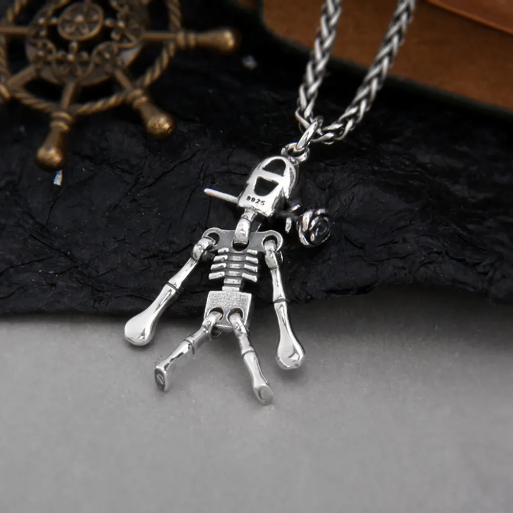 Real Solid 925 Sterling Silver Pendants Skeleton Rose Flower Gothic Punk Jewelry