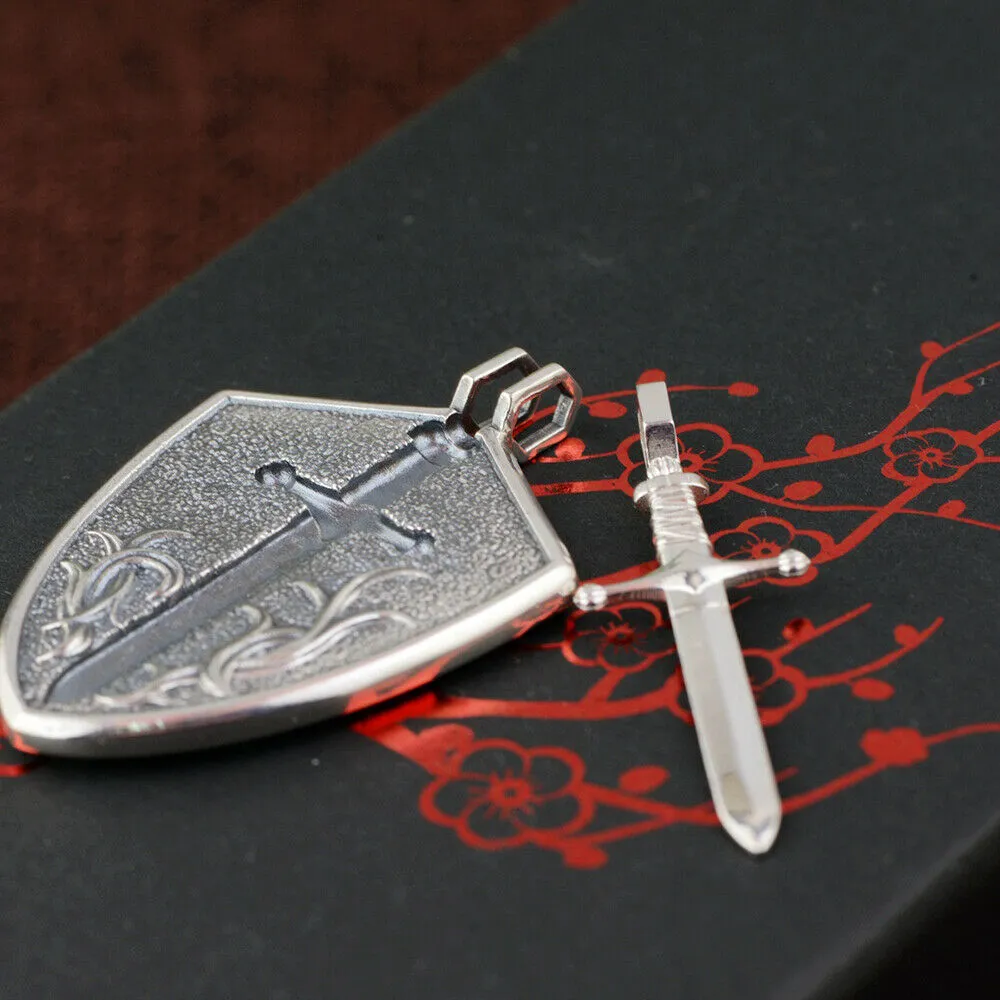 Real Solid 925 Sterling Silver Pendants Sword And Shield Can Be Separated Totem Men Fashion Jewelry