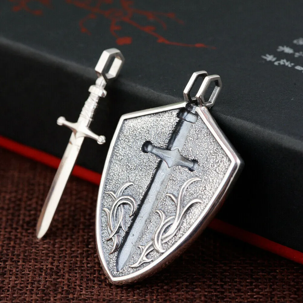 Real Solid 925 Sterling Silver Pendants Sword And Shield Can Be Separated Totem Men Fashion Jewelry