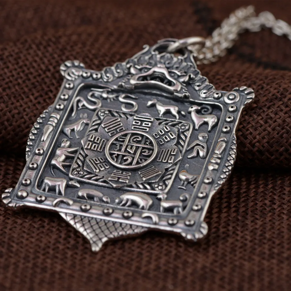 Real Solid 925 Sterling Silver Pendants Vajra Twelve-Animals Amulet Men Fashion Jewelry