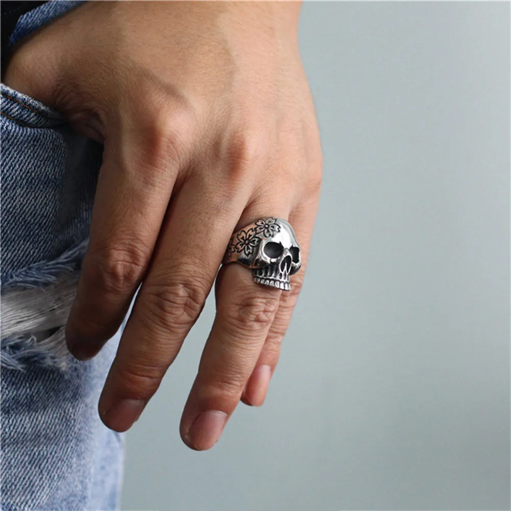 Real Solid 925 Sterling Silver Ring Skulls Flowers Gothic Hip Hop Jewelry Size 5-11