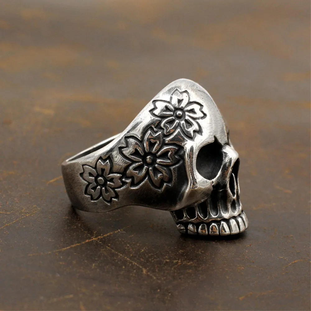 Real Solid 925 Sterling Silver Ring Skulls Flowers Gothic Hip Hop Jewelry Size 5-11