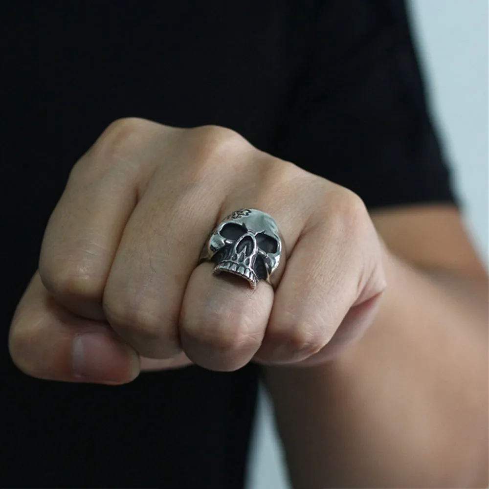 Real Solid 925 Sterling Silver Ring Skulls Flowers Gothic Hip Hop Jewelry Size 5-11