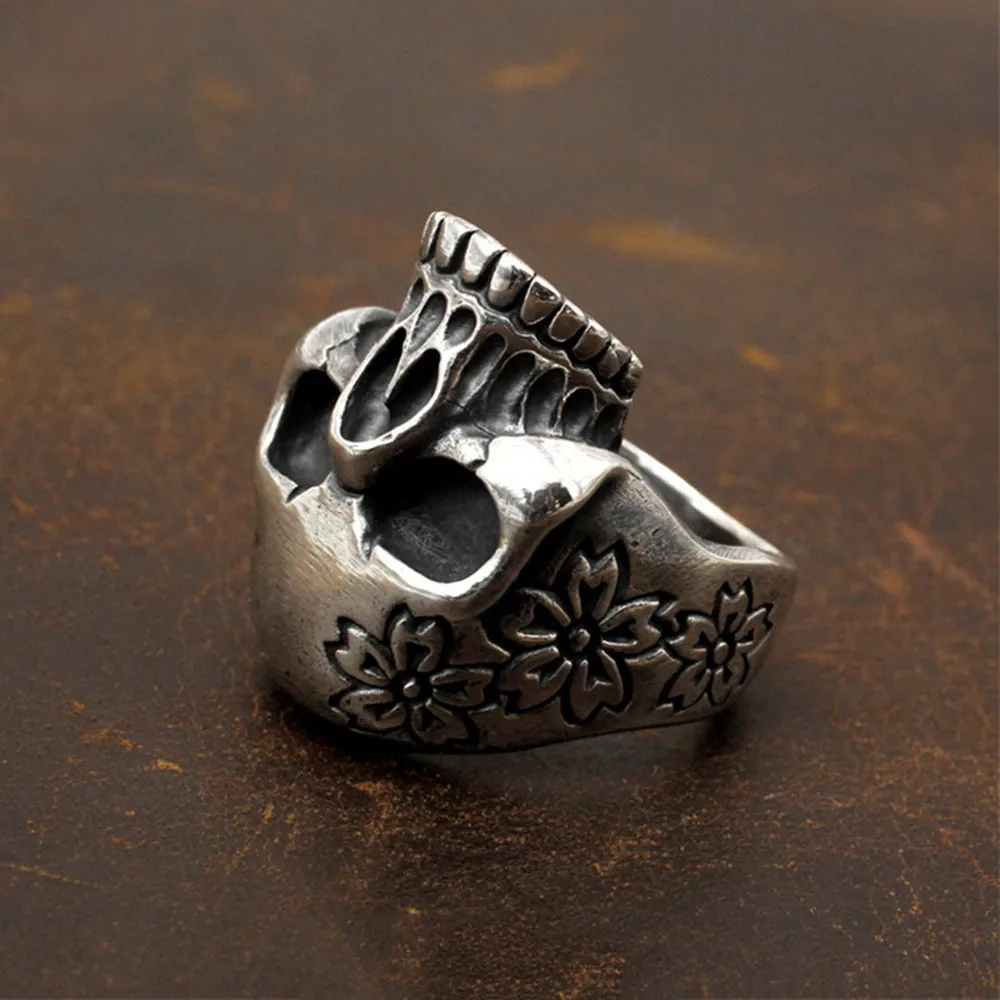 Real Solid 925 Sterling Silver Ring Skulls Flowers Gothic Hip Hop Jewelry Size 5-11