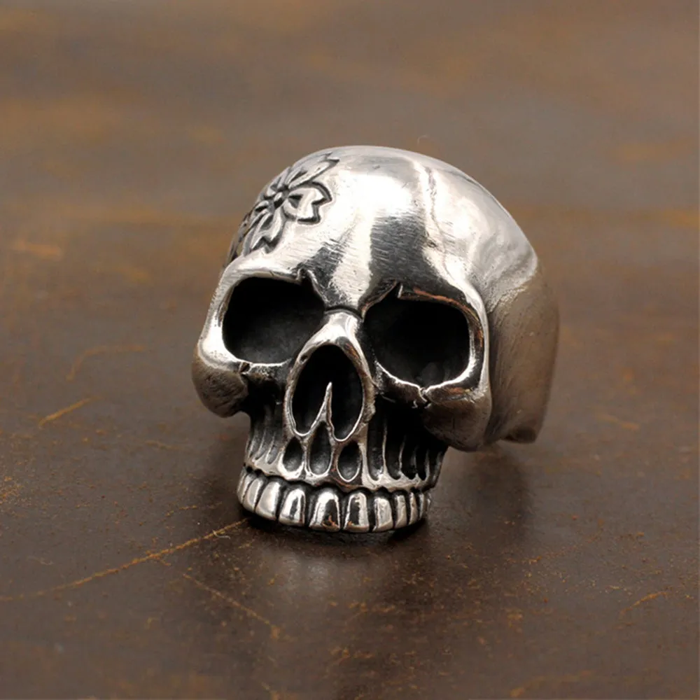 Real Solid 925 Sterling Silver Ring Skulls Flowers Gothic Hip Hop Jewelry Size 5-11