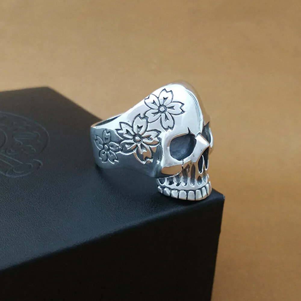 Real Solid 925 Sterling Silver Rings Skull Flowers Men Fashion Jewelry Size 9 10