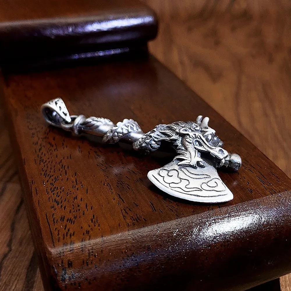 Real Solid 999 Fine Silver Pendant Axe Dragon Auspicious Clouds Punk Jewelry