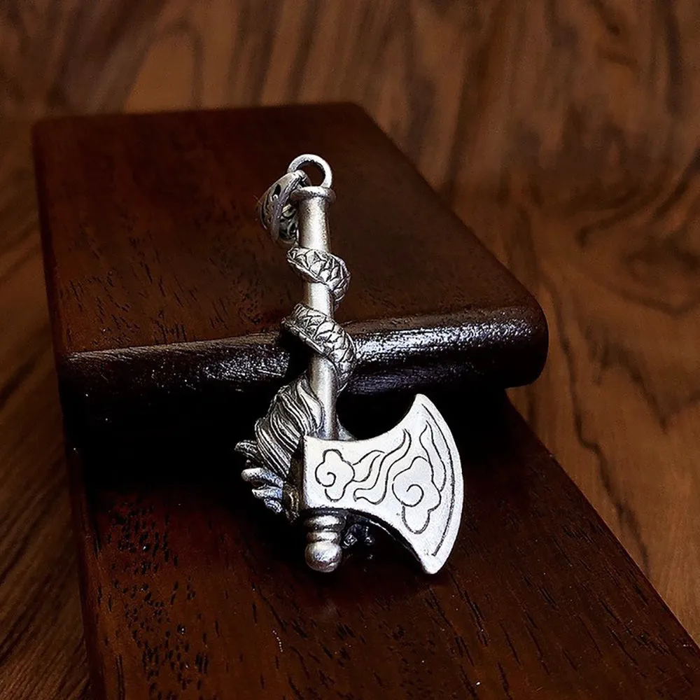Real Solid 999 Fine Silver Pendant Axe Dragon Auspicious Clouds Punk Jewelry