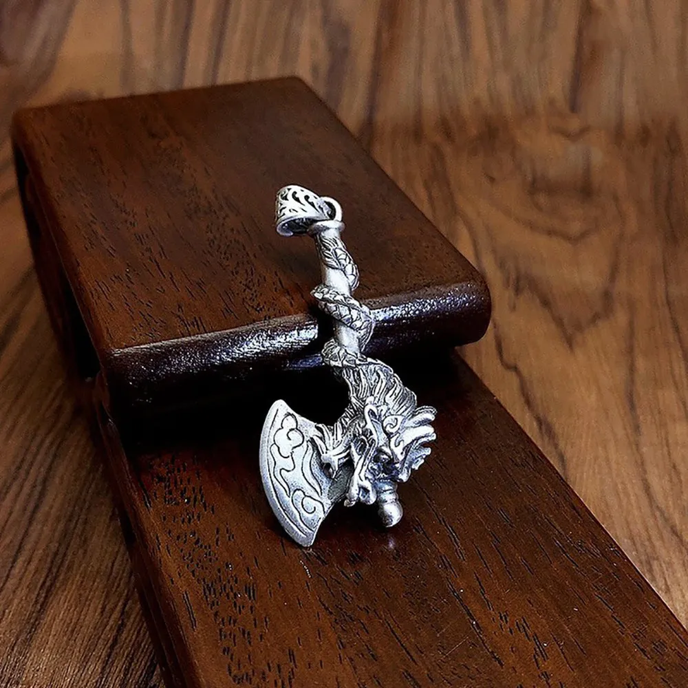 Real Solid 999 Fine Silver Pendant Axe Dragon Auspicious Clouds Punk Jewelry