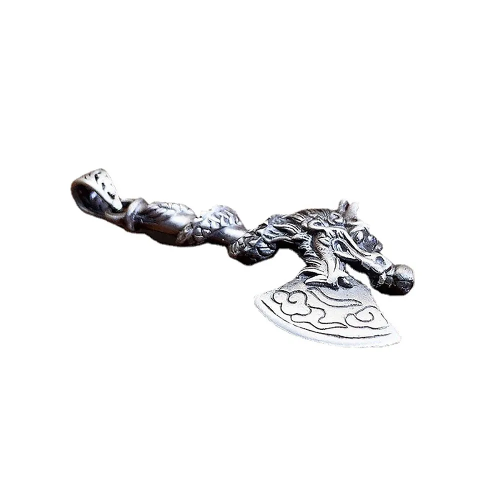 Real Solid 999 Fine Silver Pendant Axe Dragon Auspicious Clouds Punk Jewelry
