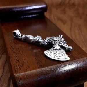 Real Solid 999 Fine Silver Pendant Axe Dragon Auspicious Clouds Punk Jewelry