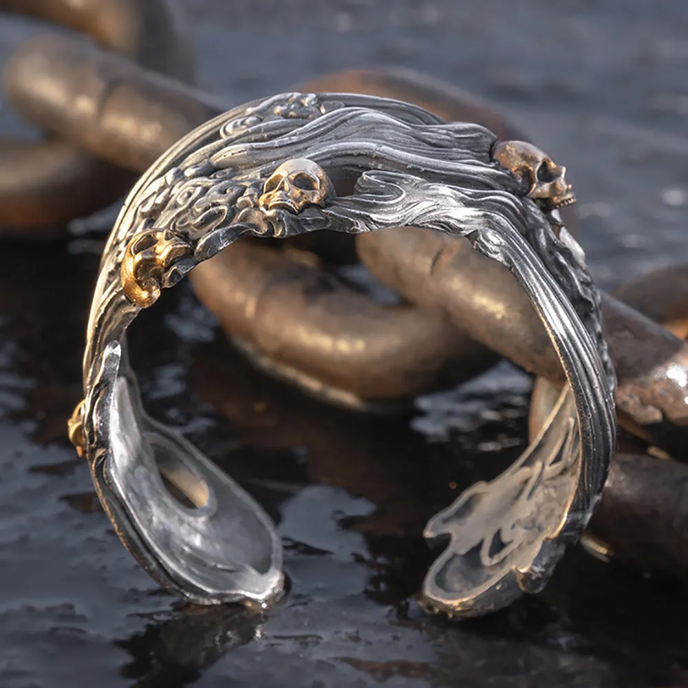 Real Solid 999 Fine Silver Wide Cuff Bracelet Skeletons Skulls Punk Gothic Jewelry Open Bangle