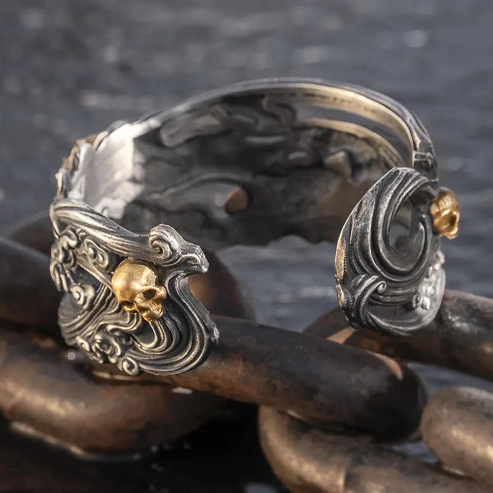 Real Solid 999 Fine Silver Wide Cuff Bracelet Skeletons Skulls Punk Gothic Jewelry Open Bangle