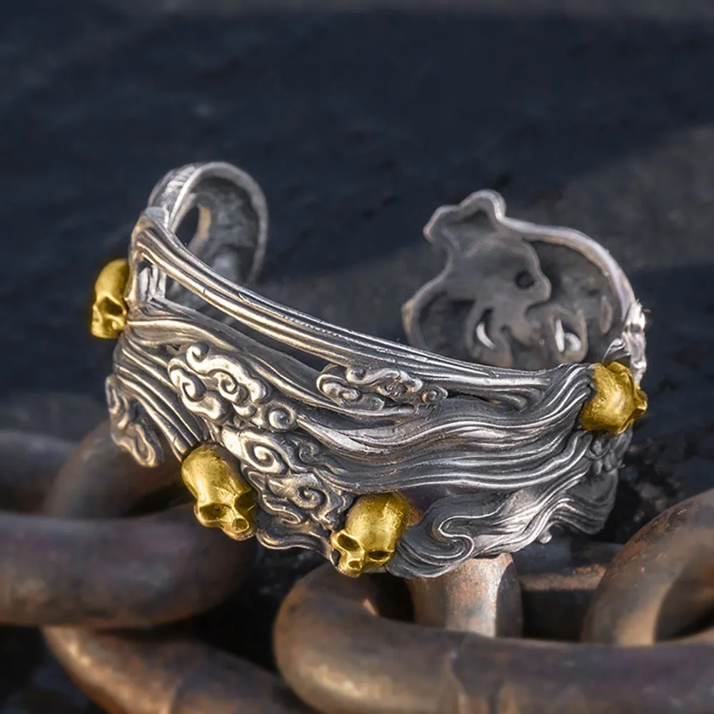 Real Solid 999 Fine Silver Wide Cuff Bracelet Skeletons Skulls Punk Gothic Jewelry Open Bangle