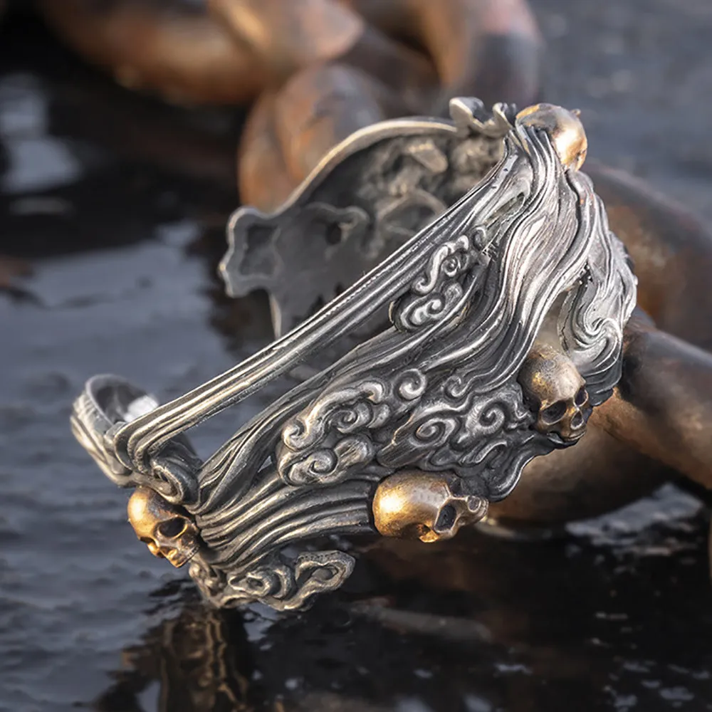 Real Solid 999 Fine Silver Wide Cuff Bracelet Skeletons Skulls Punk Gothic Jewelry Open Bangle