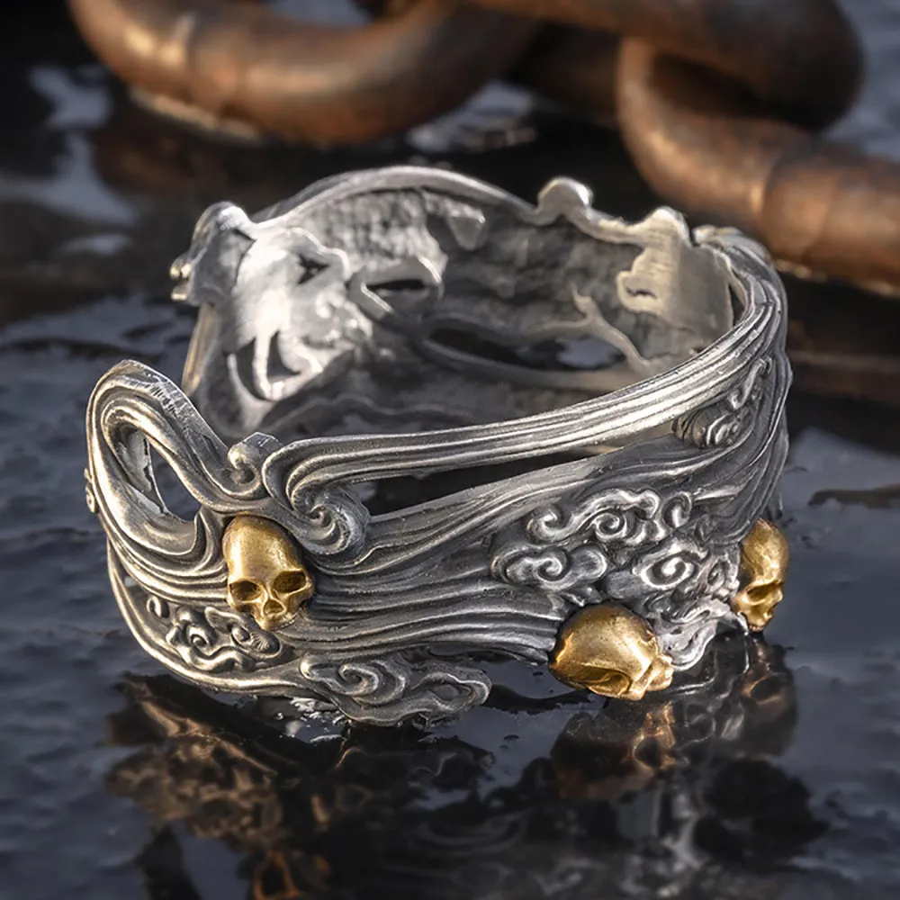 Real Solid 999 Fine Silver Wide Cuff Bracelet Skeletons Skulls Punk Gothic Jewelry Open Bangle