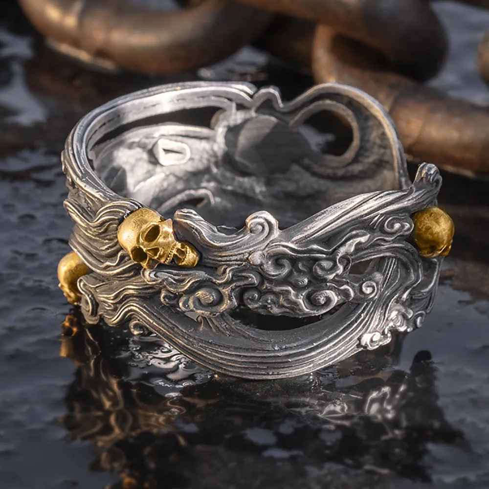 Real Solid 999 Fine Silver Wide Cuff Bracelet Skeletons Skulls Punk Gothic Jewelry Open Bangle