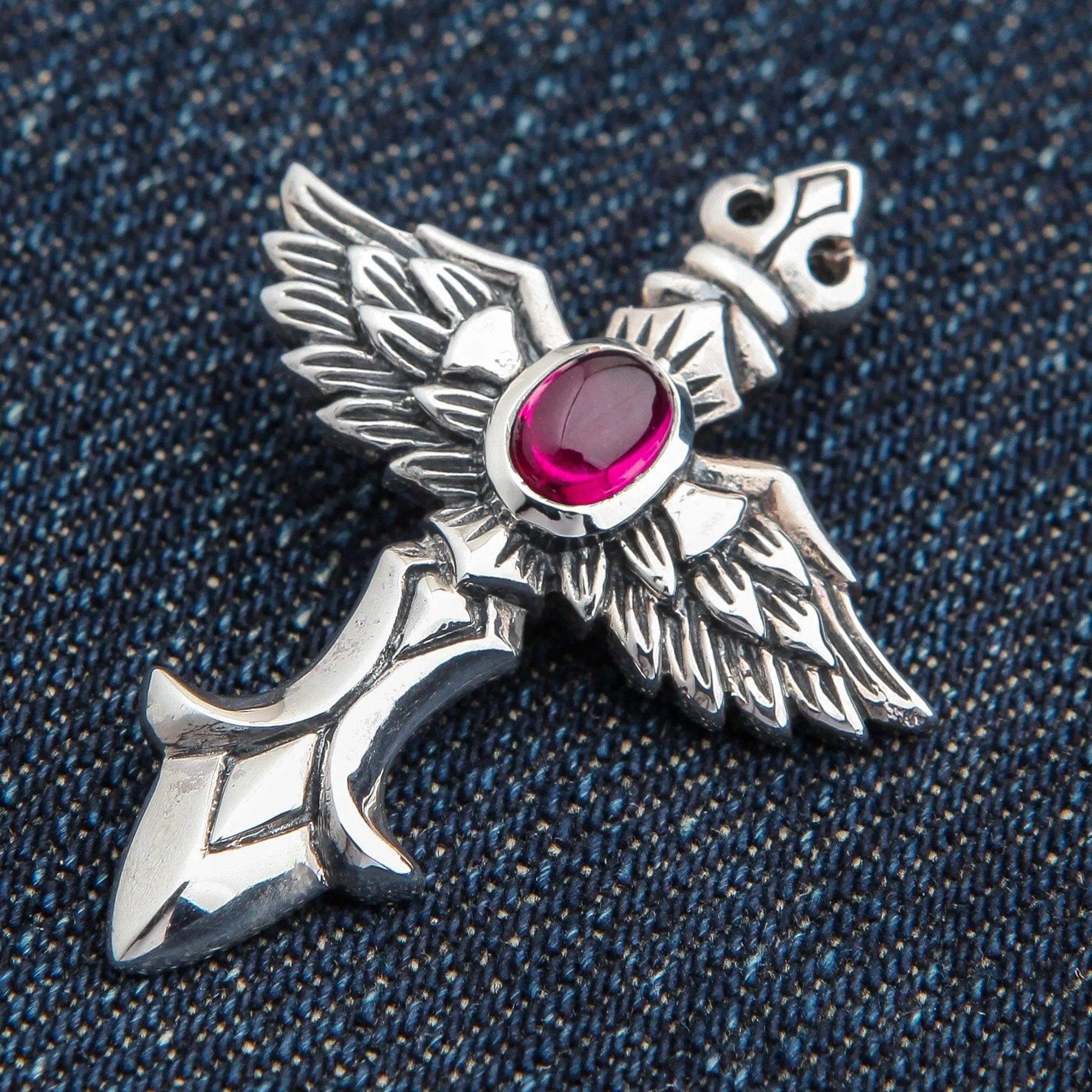 Red Angel Wings Sterling Silver Gothic Pendant