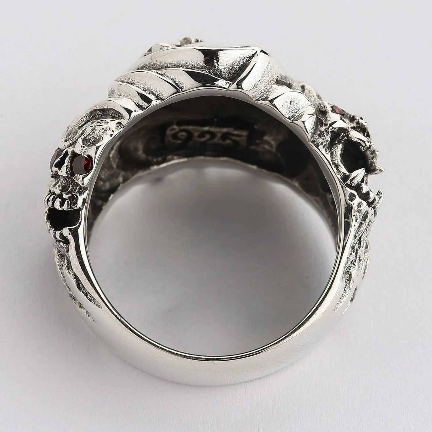 Red Eyes Inferno Skull Sterling Silver Gothic Ring