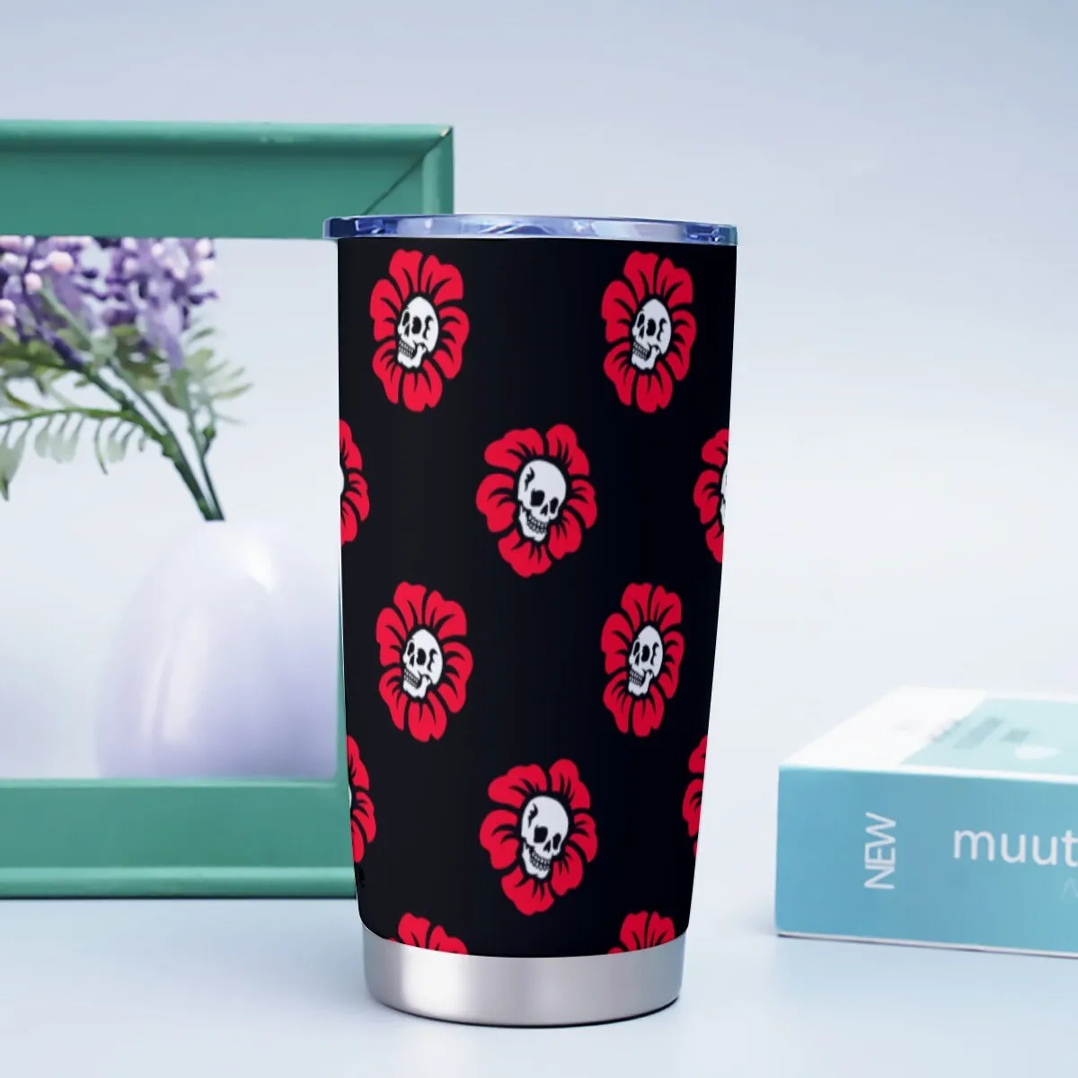 Red Skull Flowers Black Goth Tumbler – 20oz
