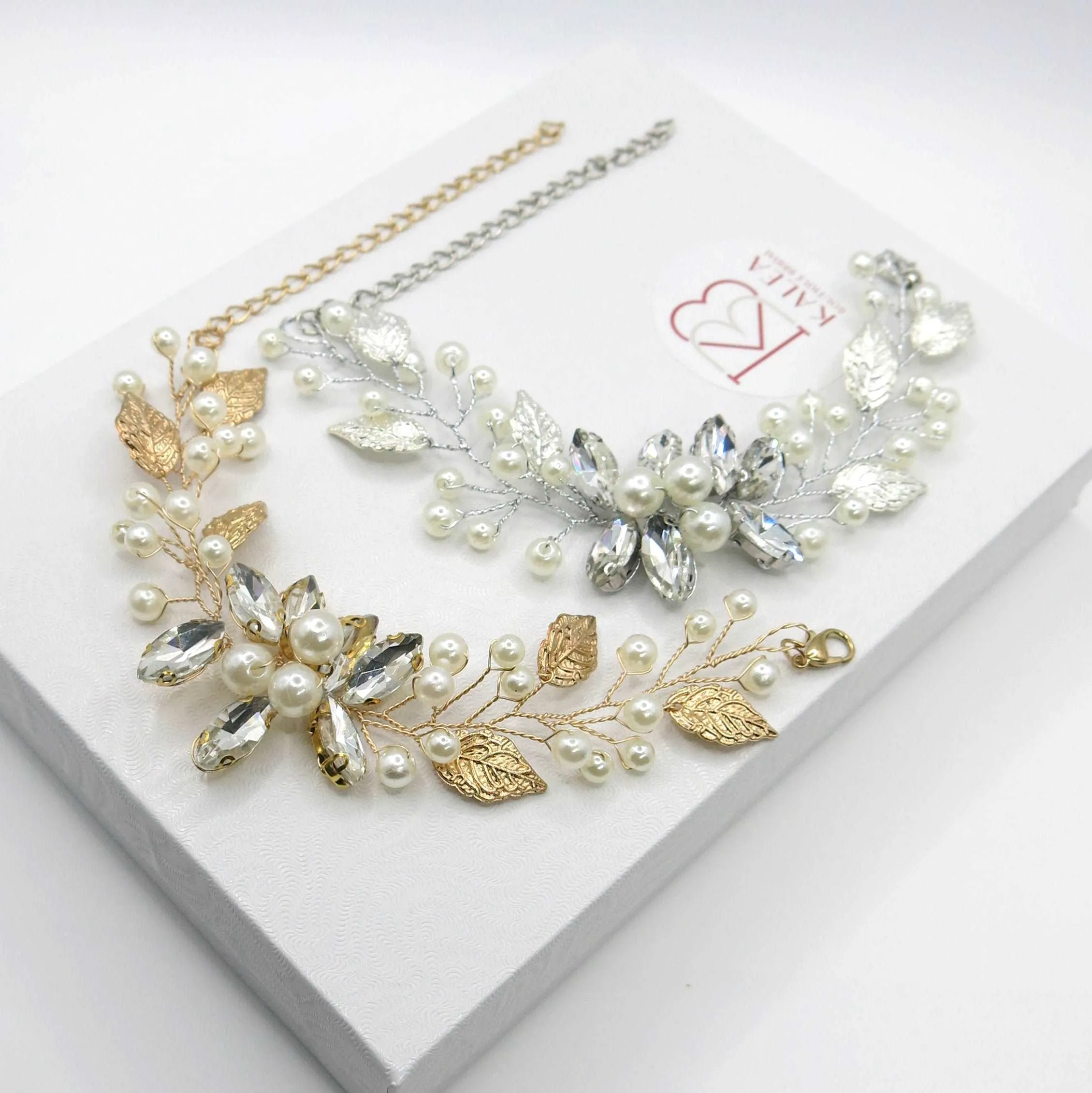 Rhinestone Pearl Flower Bracelet, Crystal Gem Floral Bracelet for Bride, Wedding Style Wire Bracelet