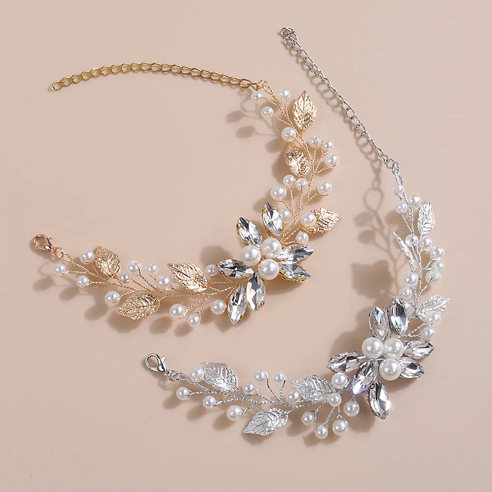 Rhinestone Pearl Flower Bracelet, Crystal Gem Floral Bracelet for Bride, Wedding Style Wire Bracelet