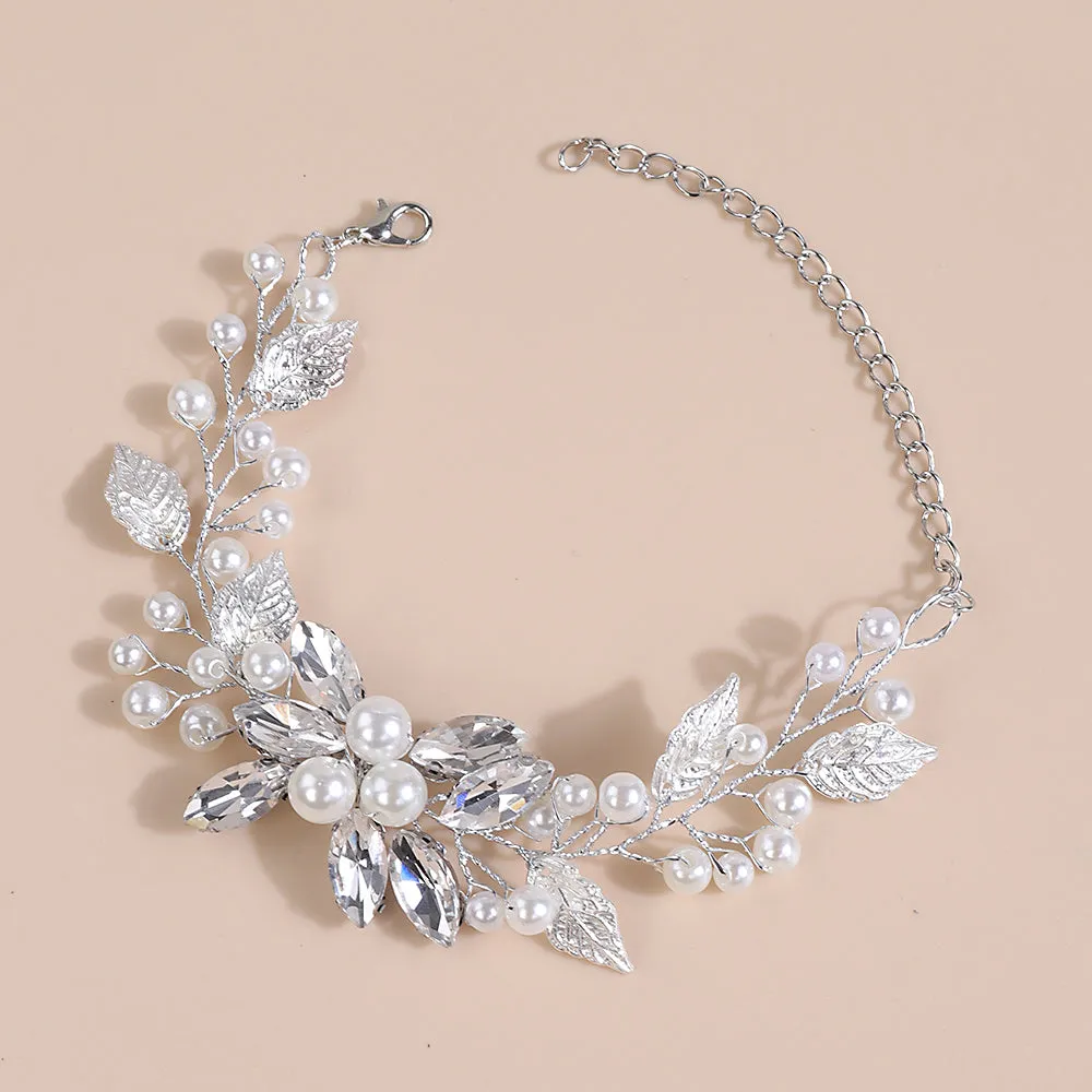 Rhinestone Pearl Flower Bracelet, Crystal Gem Floral Bracelet for Bride, Wedding Style Wire Bracelet