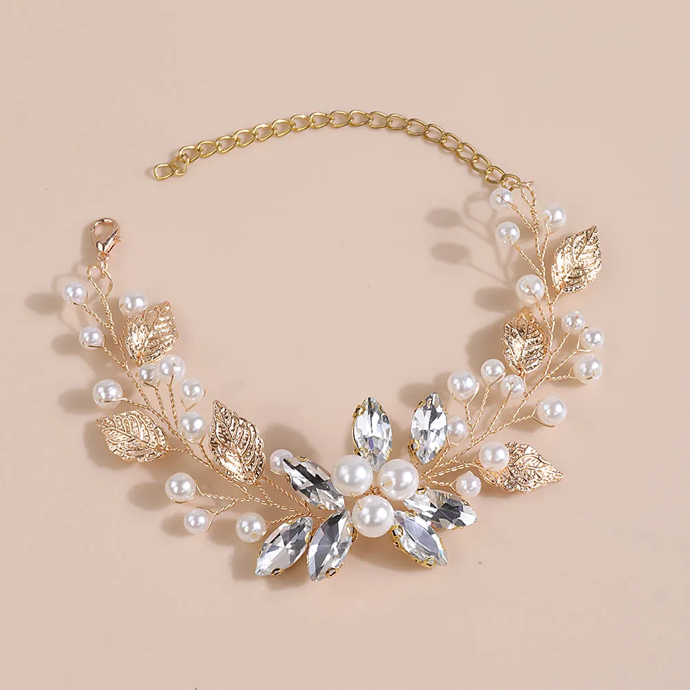 Rhinestone Pearl Flower Bracelet, Crystal Gem Floral Bracelet for Bride, Wedding Style Wire Bracelet