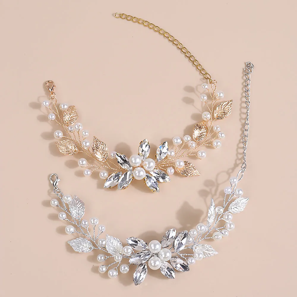 Rhinestone Pearl Flower Bracelet, Crystal Gem Floral Bracelet for Bride, Wedding Style Wire Bracelet