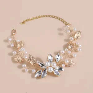 Rhinestone Pearl Flower Bracelet, Crystal Gem Floral Bracelet for Bride, Wedding Style Wire Bracelet