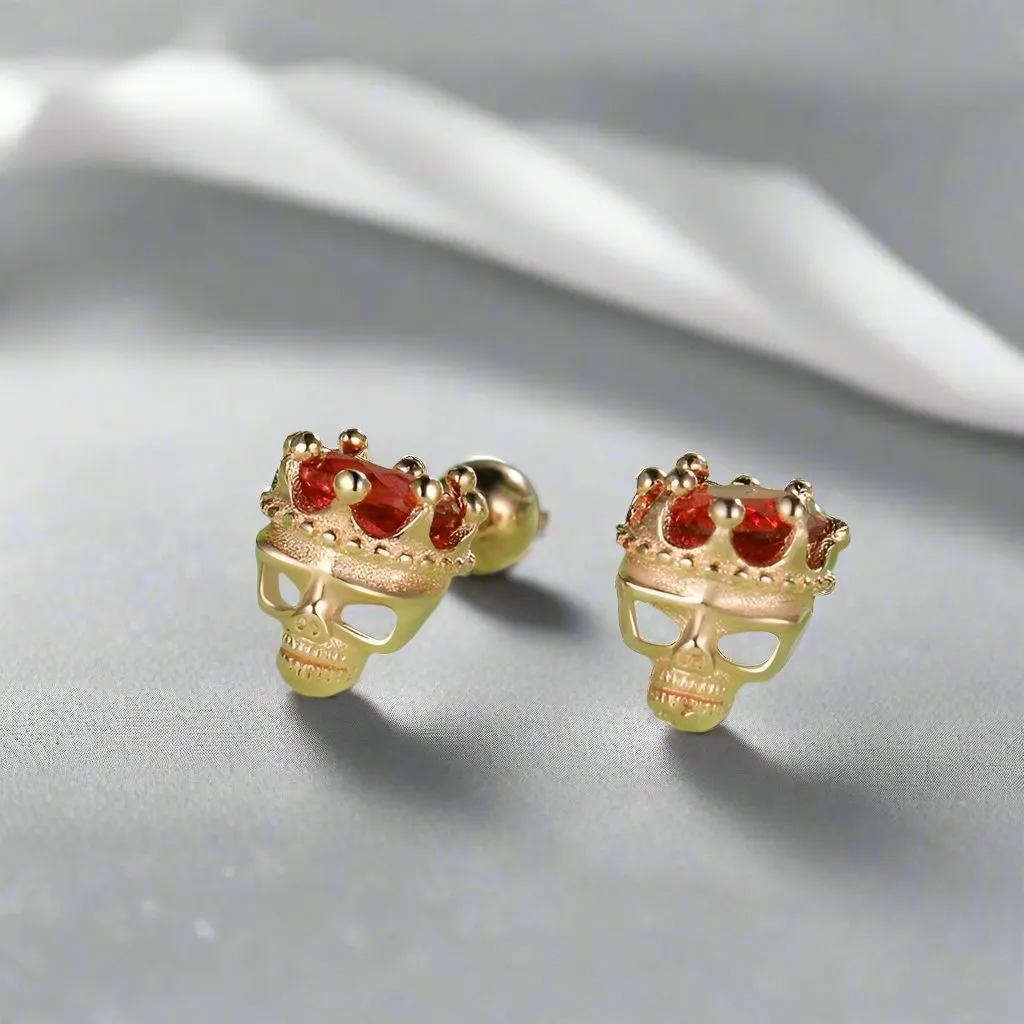 Rose Gold Crowned Skull Head Screw Stud Earrings
