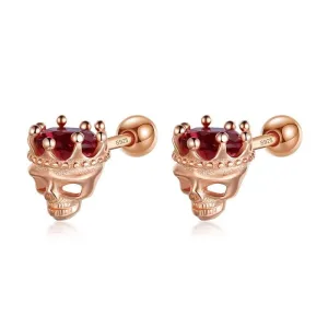 Rose Gold Crowned Skull Head Screw Stud Earrings