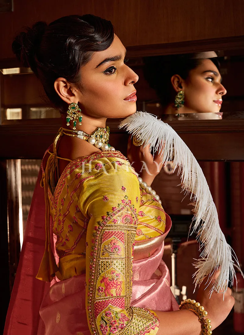Rose Pink And Yellow Paithani Silk Saree