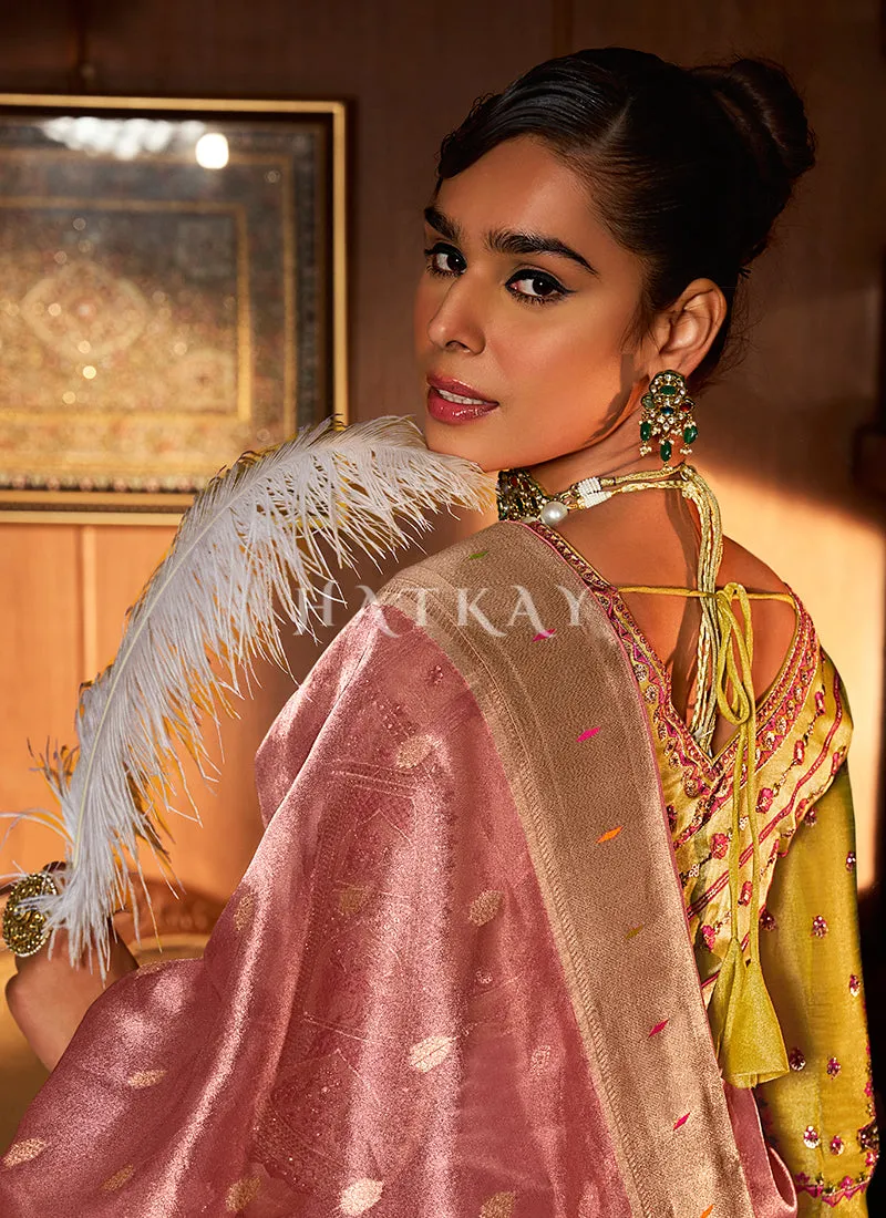 Rose Pink And Yellow Paithani Silk Saree