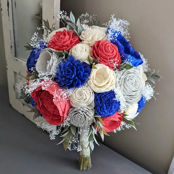 Royal Blue, Light Gray, Bright Coral, and Ivory Bouquet with Baby's Breath and Greenery